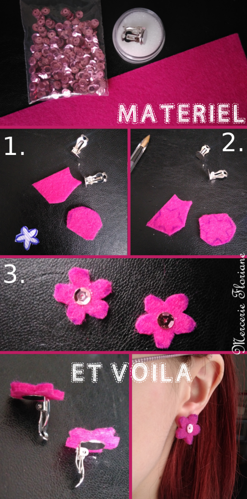 Tutoriel création boucles d'oreilles fleurs feutrine rose cinq feuilles, perles, paillettes, boucles d'oreilles à clip